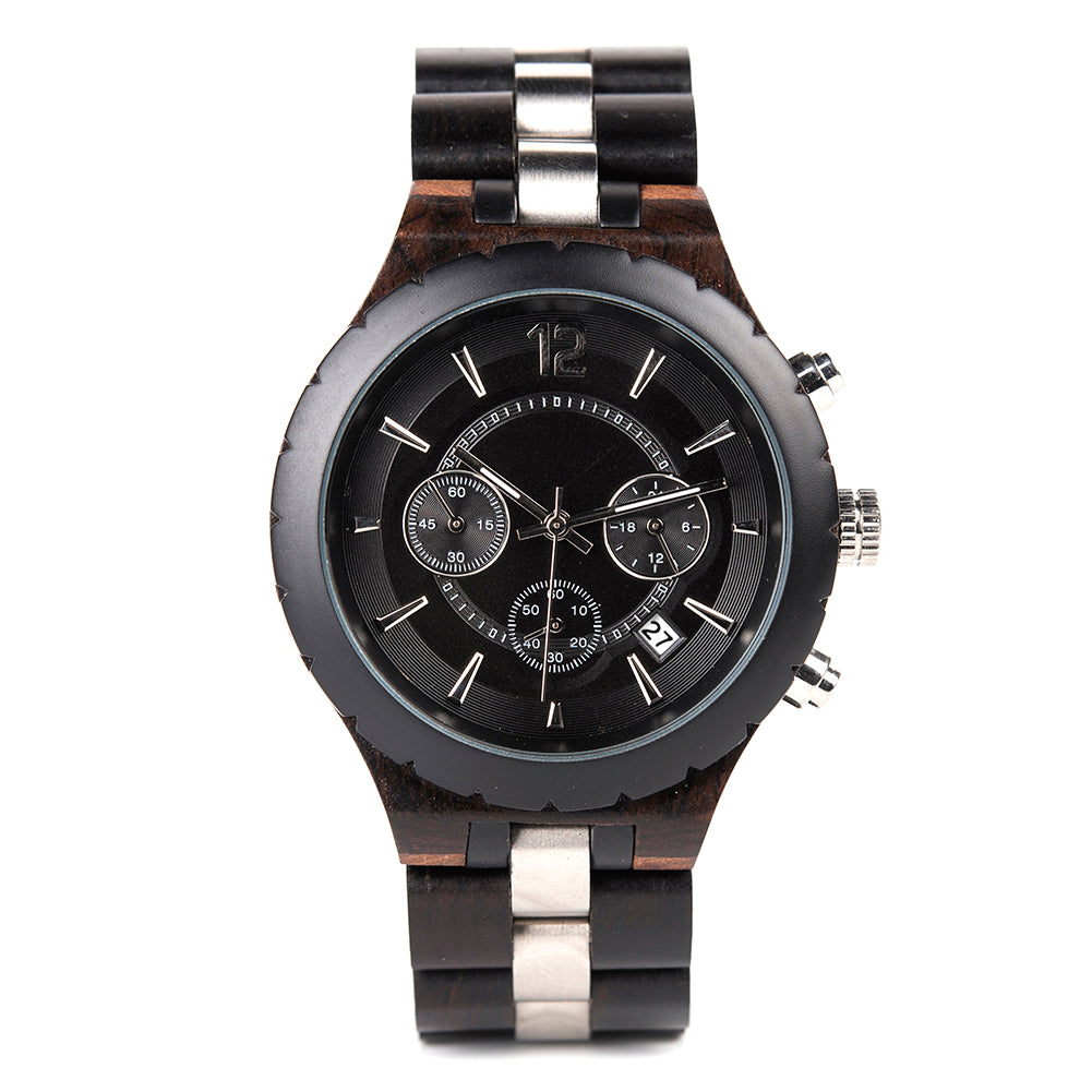 A men's chronograph watch with a combination of dark wood and stainless steel bands, featuring a black dial with multiple sub-dials, date display, metallic hour markers, and silver-tone pushers, isolated on a white background.