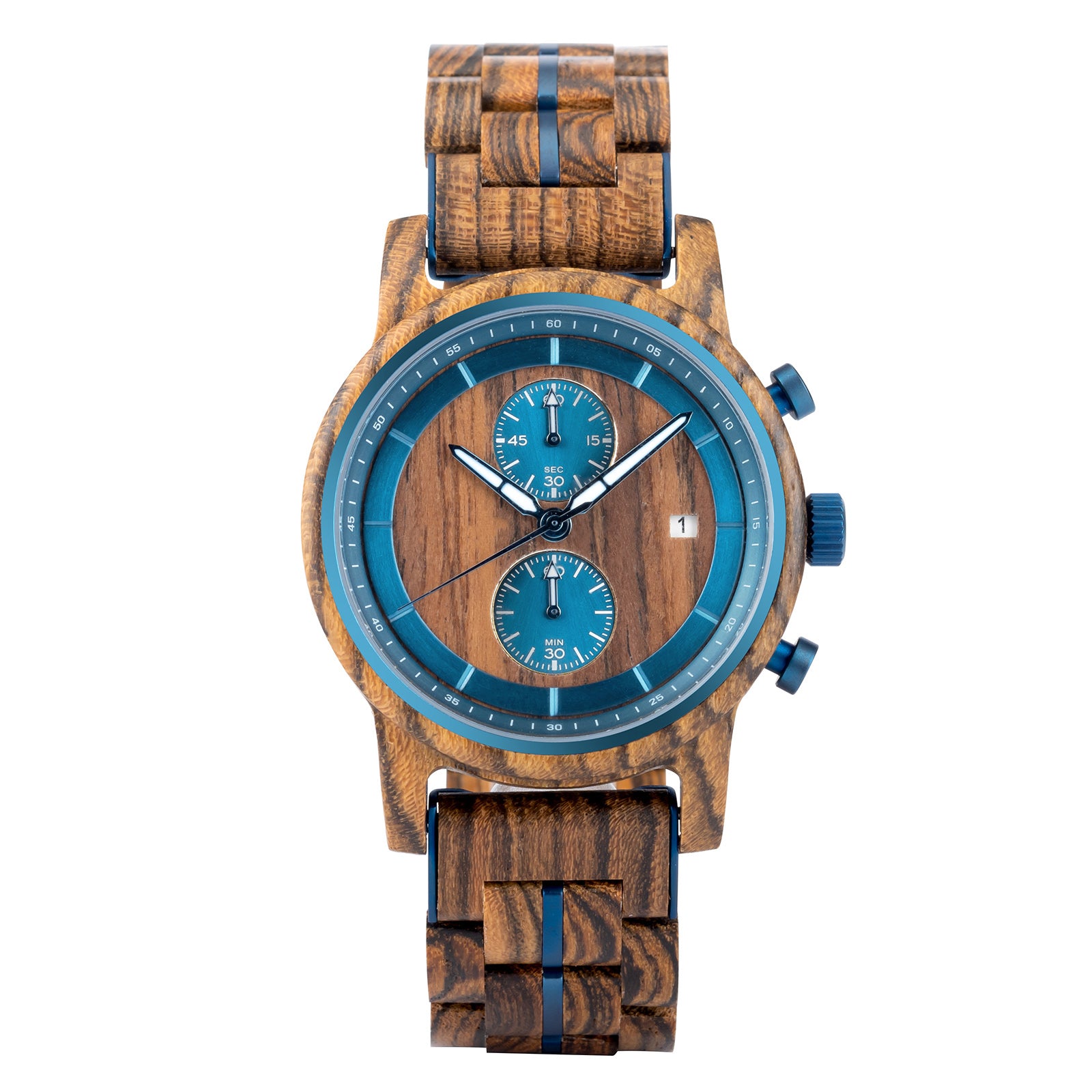 A sophisticated men's wooden chronograph watch featuring a wood dial, blue accents, multiple sub-dials, and a date function, presented against a white background to highlight its elegant and refined design.