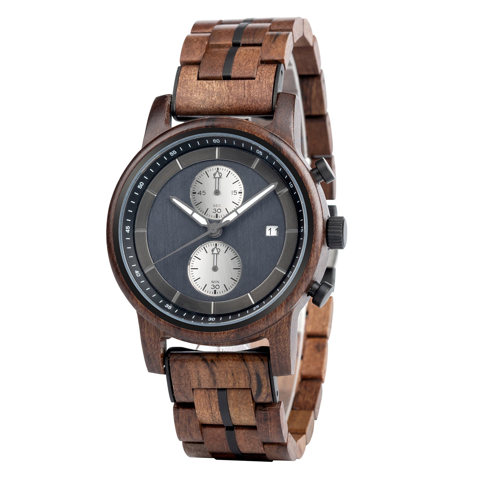 A refined men's wooden chronograph watch featuring a dark gray dial, multiple sub-dials, a date function, and a brown wood band, shown in side view against a white background to highlight its craftsmanship and elegant design.