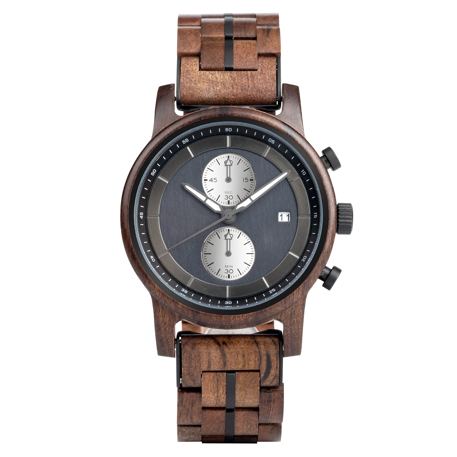 A sophisticated men's wooden chronograph watch featuring a dark gray dial, multiple sub-dials, a date function, and a brown wood band, presented against a white background to highlight its elegant and refined design.