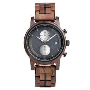 A sophisticated men's wooden chronograph watch featuring a dark gray dial, multiple sub-dials, a date function, and a brown wood band, presented against a white background to highlight its elegant and refined design.