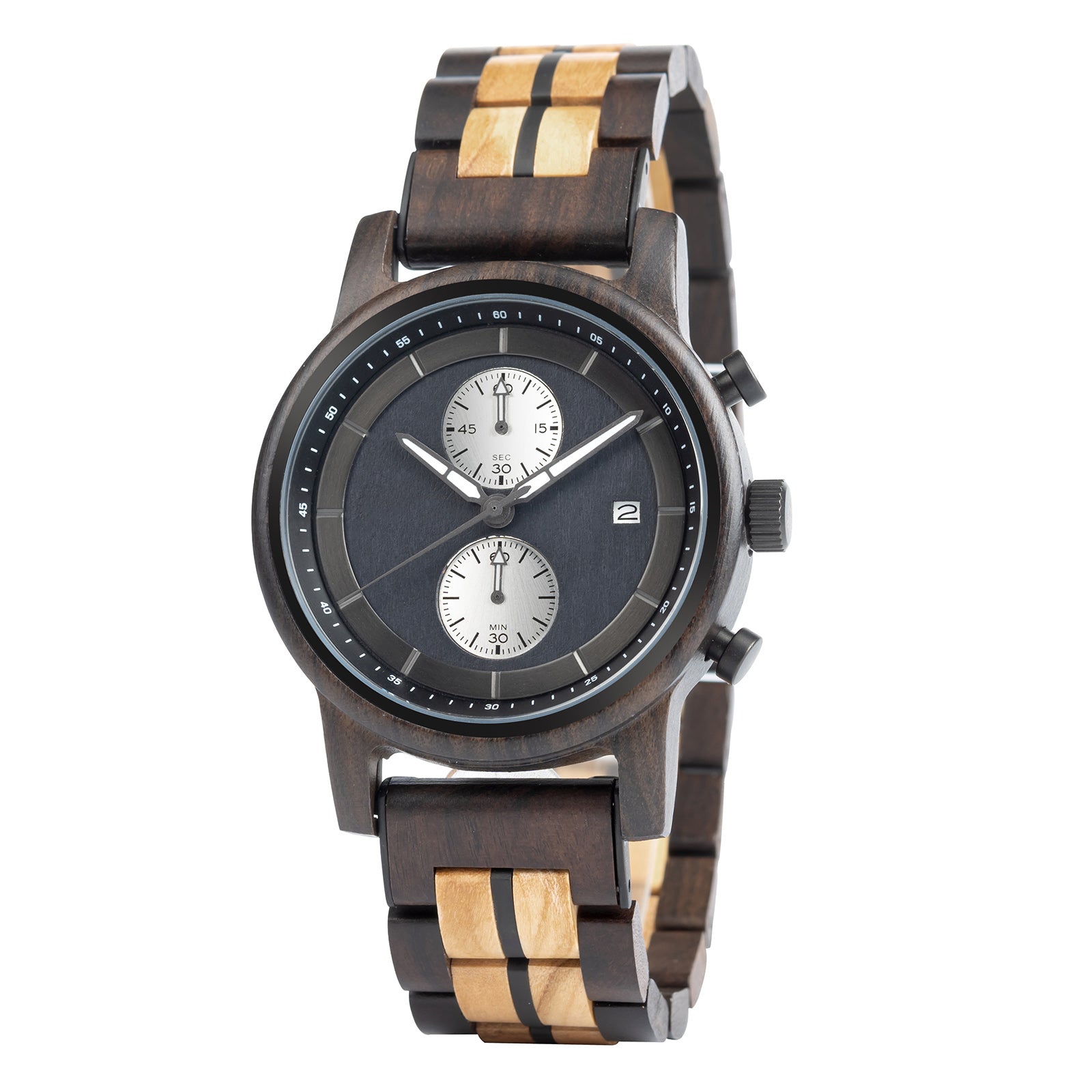 A refined men's wooden chronograph watch featuring a two-tone wood band, dark gray dial, multiple sub-dials, and a date function, shown in side view against a white background to highlight its craftsmanship and elegant design.