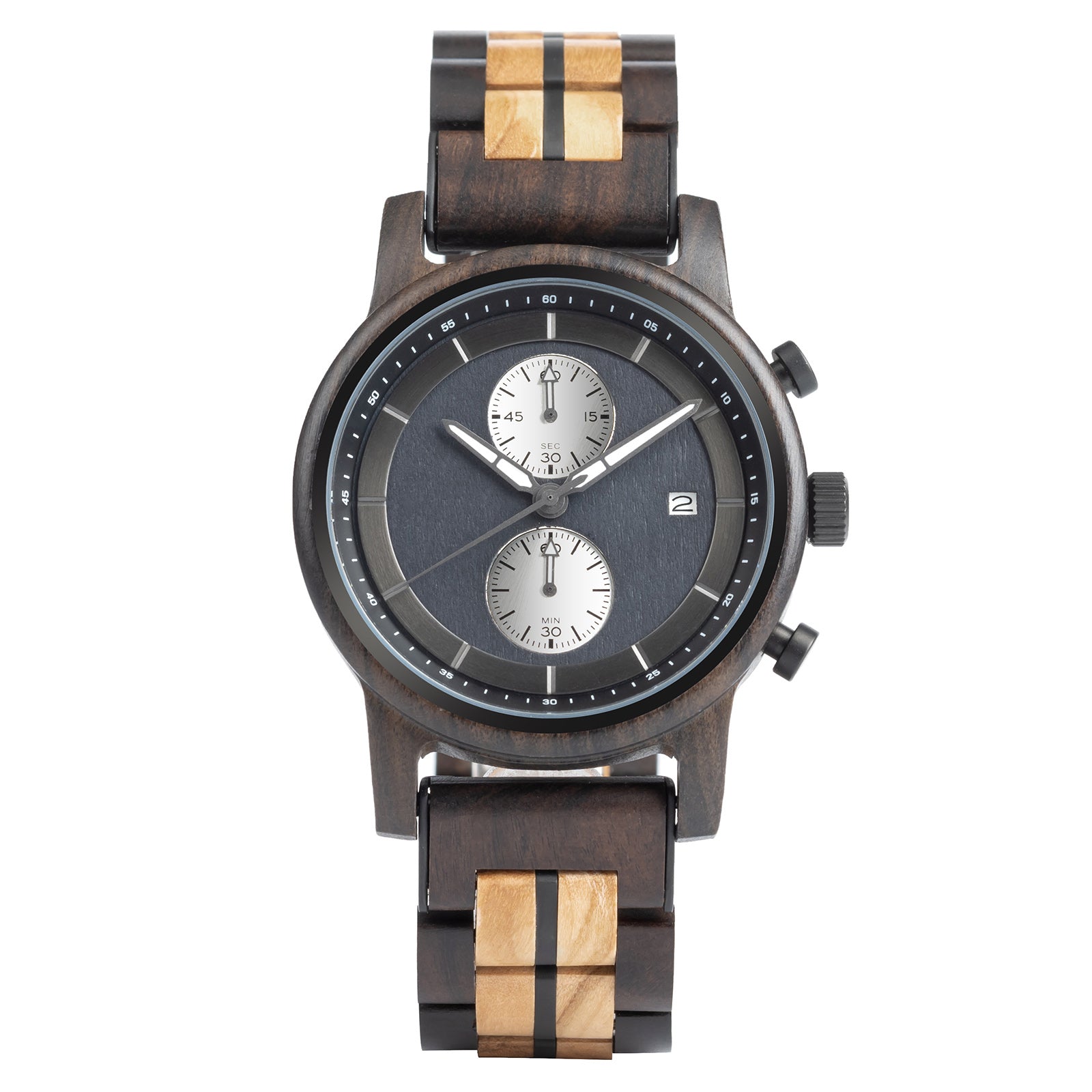 A sophisticated men's wooden chronograph watch featuring a two-tone wood band, dark gray dial, multiple sub-dials, and a date function, presented against a white background to highlight its elegant and refined design.