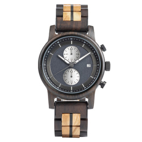 A sophisticated men's wooden chronograph watch featuring a two-tone wood band, dark gray dial, multiple sub-dials, and a date function, presented against a white background to highlight its elegant and refined design.