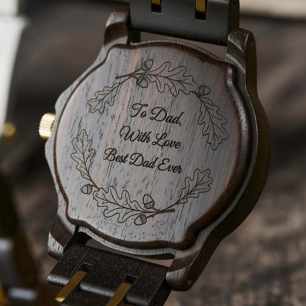 A detailed view of the back case of a men's wooden watch, showcasing its dark wood grain, structural screws, and gold-accented crown, highlighting the craftsmanship and refined aesthetic.