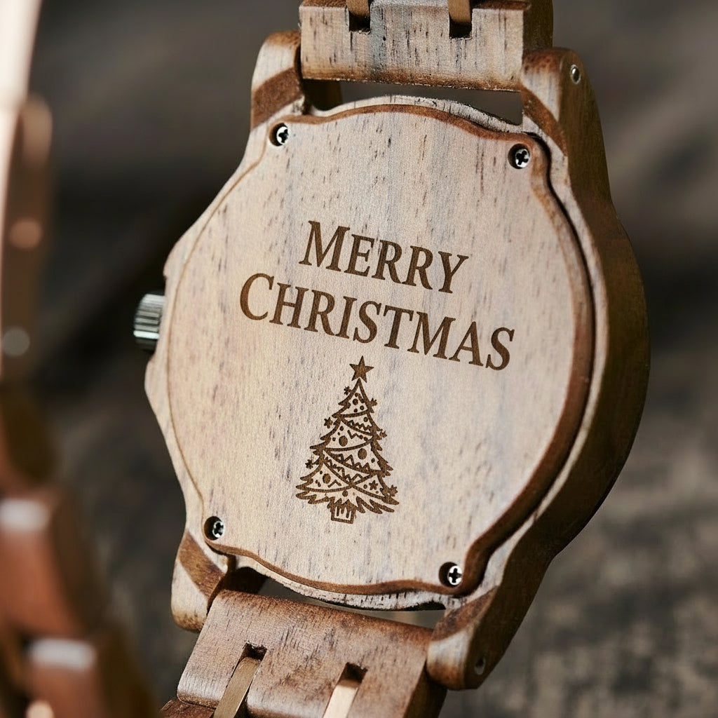 A detailed view of the back case of a men's wooden watch, showcasing its natural walnut grain, structural screws, and rose gold-accented crown, highlighting the craftsmanship and natural aesthetic.