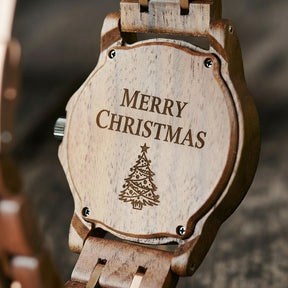 A detailed view of the back case of a men's wooden watch, showcasing its natural walnut grain, structural screws, and rose gold-accented crown, highlighting the craftsmanship and natural aesthetic.