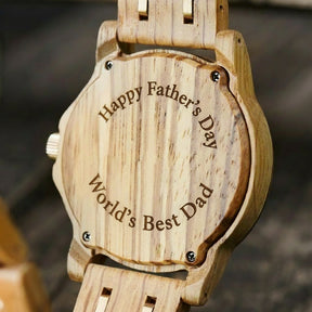A detailed view of the back case of a men's wooden watch, showcasing its natural zebrawood grain, structural screws, and rose gold-accented crown, highlighting the craftsmanship and natural aesthetic.