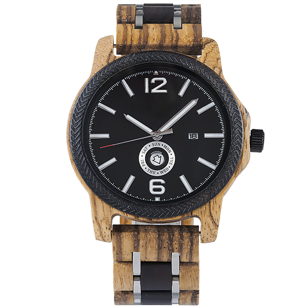 A sophisticated men's wooden watch featuring a black dial, date and day display, textured bezel, and a two-tone wood and metal band, presented against a white background to highlight its refined and rugged design.