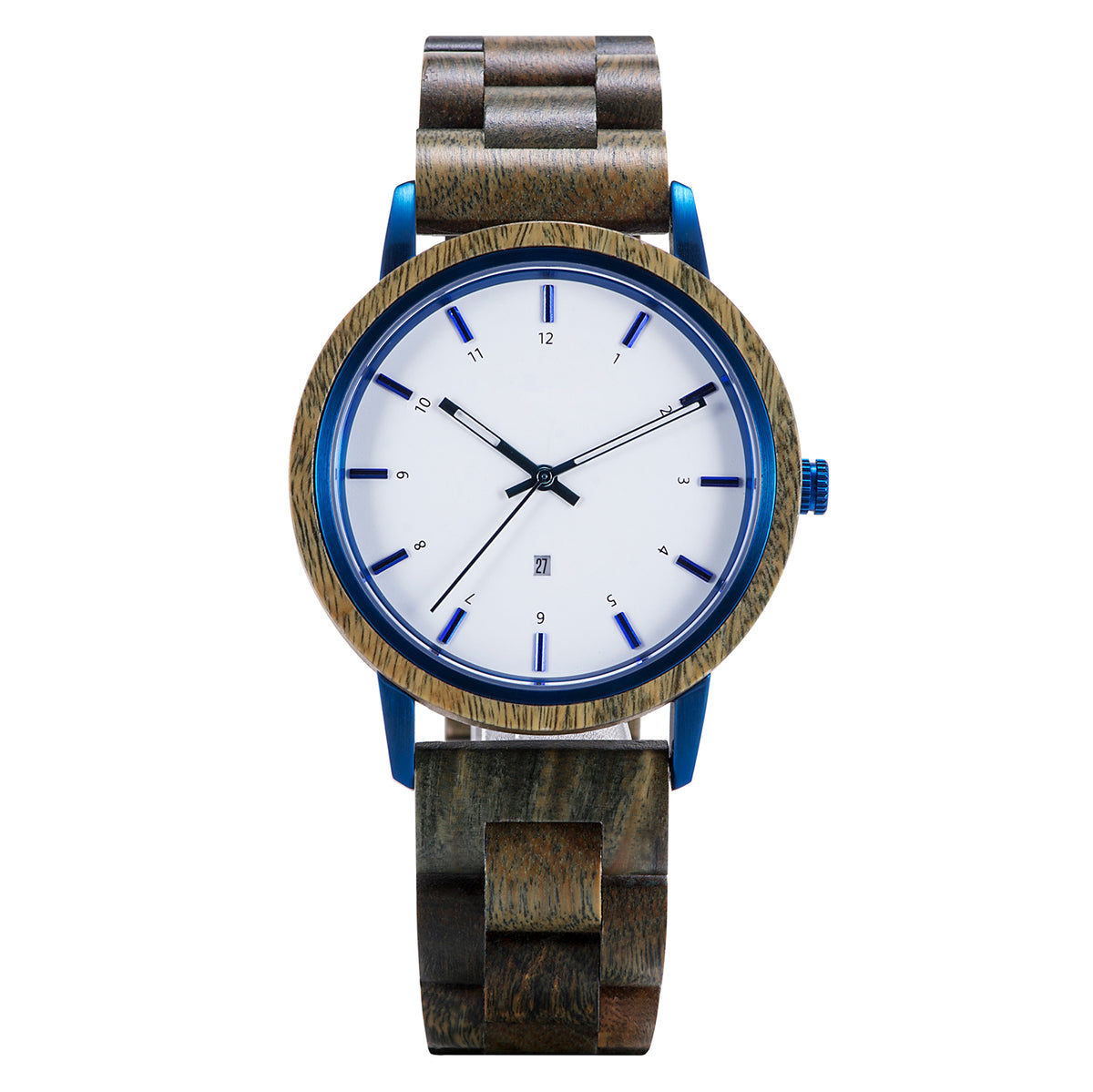 A stylish men's watch featuring a white dial with blue accents, wooden band, and blue metal details, presented against a white background to highlight its natural and modern design aesthetic.