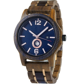 A refined men's wooden watch featuring a blue dial, date and day display, textured bezel, and rose gold-accented band, shown in side view against a white background to highlight its craftsmanship and elegant design.