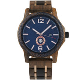 A sophisticated men's wooden watch featuring a blue dial, date and day display, textured bezel, and rose gold-accented band, presented against a white background to highlight its elegant and refined design.