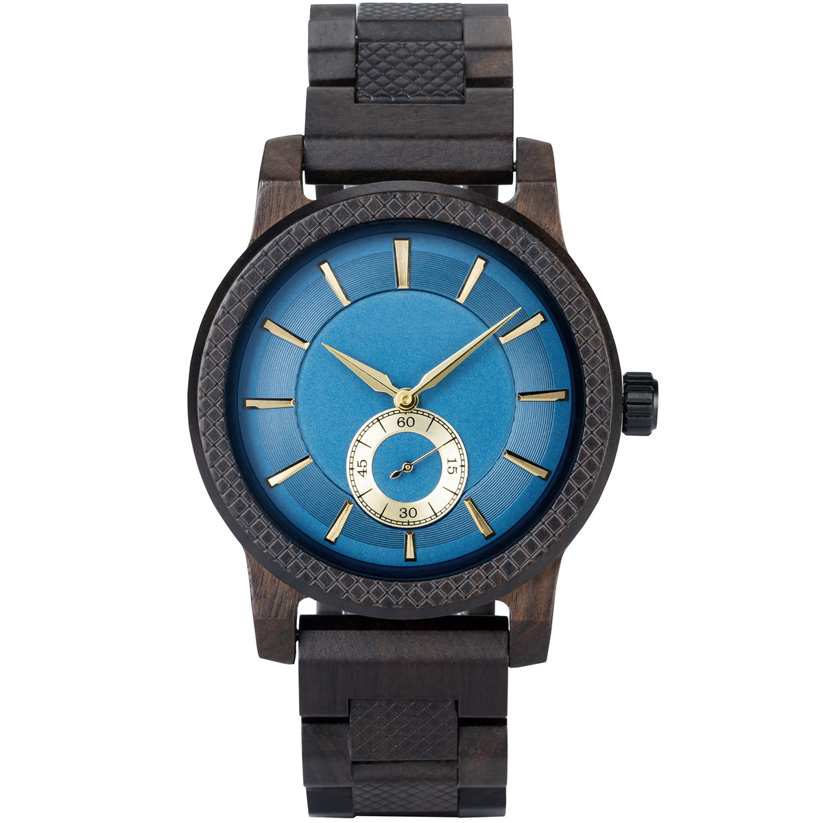 A sophisticated men's wooden watch featuring a blue dial, sub-dial, textured bezel, and gold-accented details, presented against a white background to highlight its elegant and refined design.