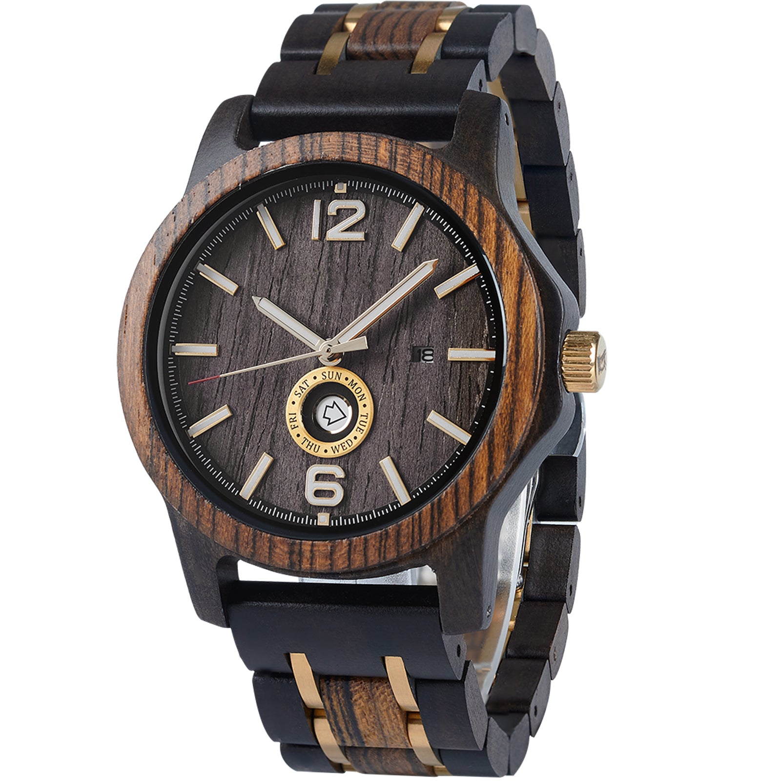 A refined men's wooden watch featuring a dark gray dial, date and day display, natural wood grain band with gold accents, shown in side view against a white background to highlight its craftsmanship and rugged yet sophisticated design.