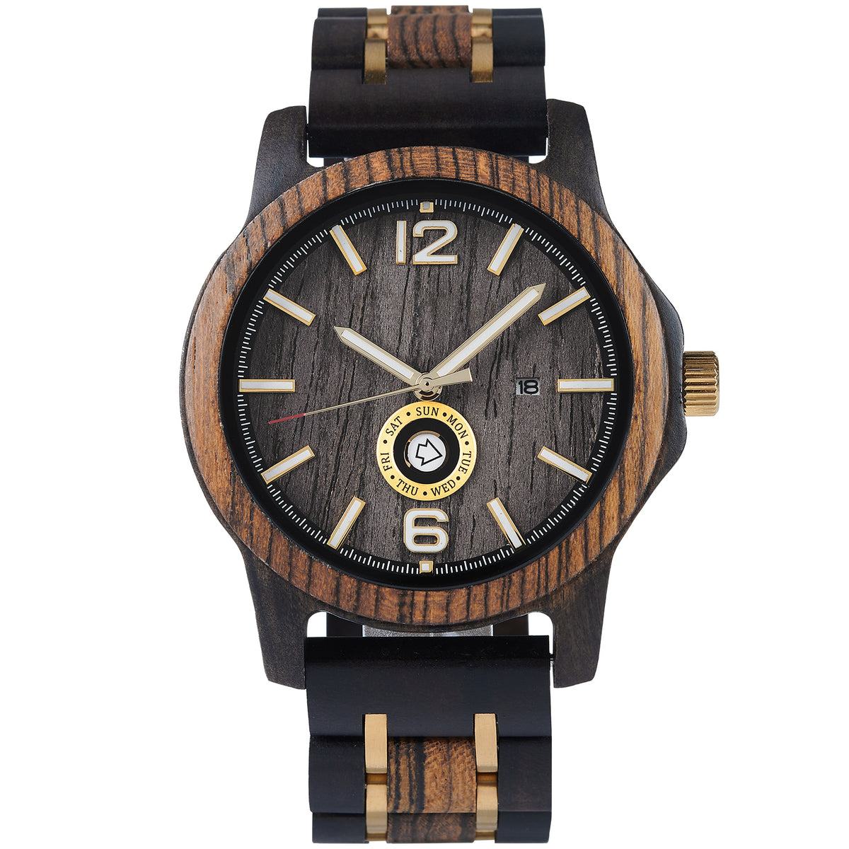 A sophisticated men's wooden watch featuring a dark gray dial, date and day display, natural wood grain band with gold accents, presented against a white background to highlight its refined and rugged design.