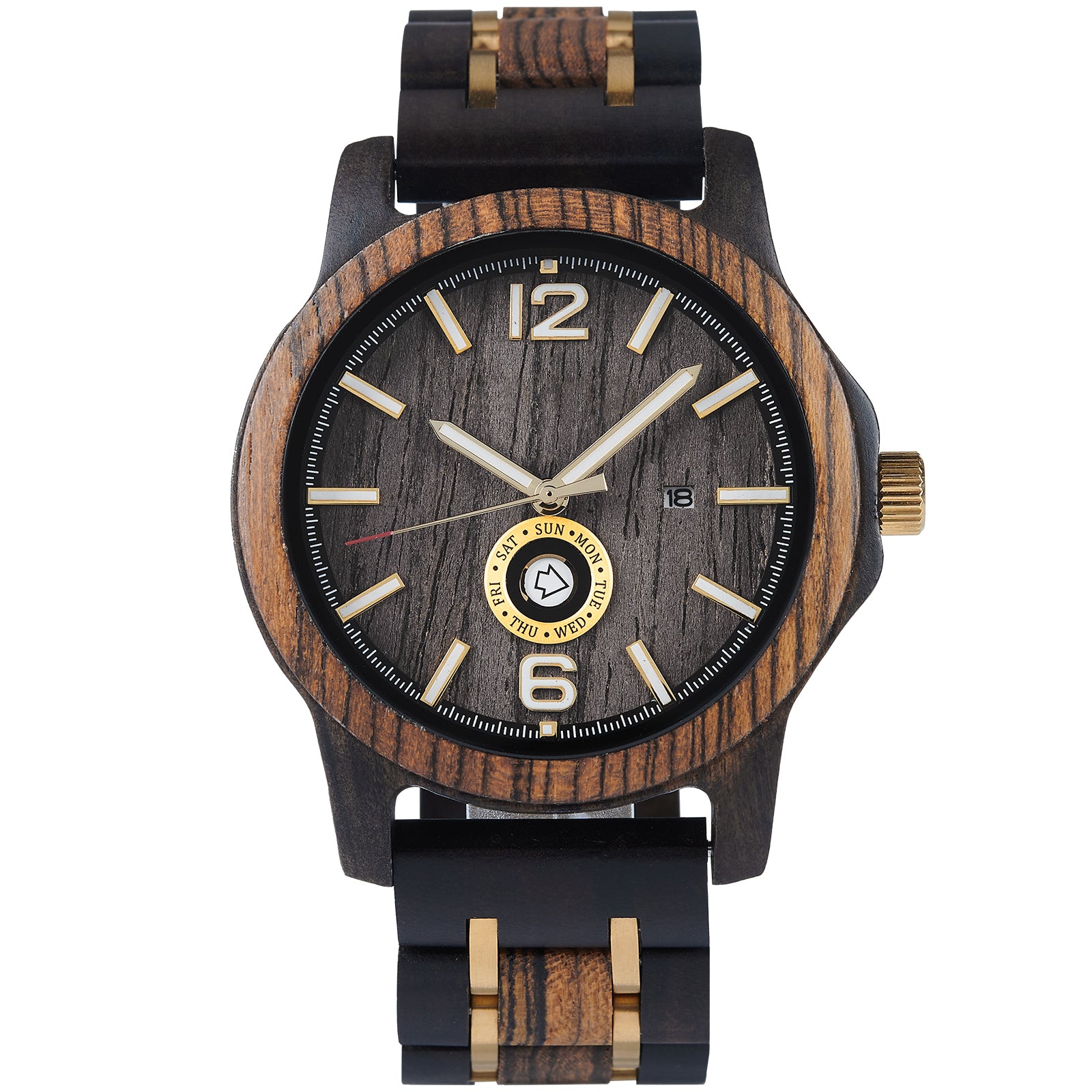 A sophisticated men's wooden watch featuring a dark gray dial, date and day display, natural wood grain band with gold accents, presented against a white background to highlight its refined and rugged design.