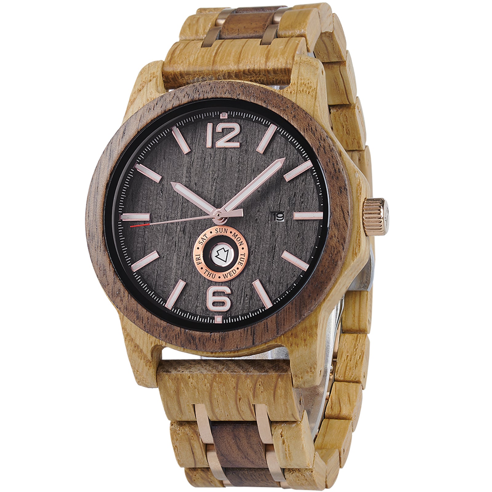 A refined men's wooden watch featuring a dark gray dial, date and day display, natural wood grain band with rose gold accents, shown in side view against a white background to highlight its craftsmanship and rugged yet sophisticated design.