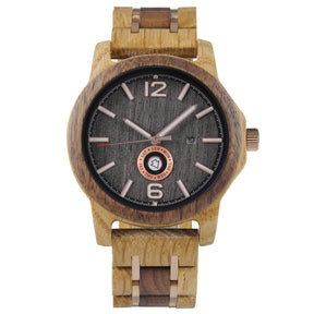 A sophisticated men's wooden watch featuring a dark gray dial, date and day display, natural wood grain band with rose gold accents, presented against a white background to highlight its refined and rugged design.