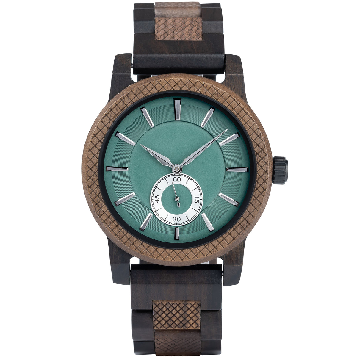 A sophisticated men's wooden watch featuring a teal dial, sub-dial, textured bezel, and a two-tone wood and metal band, presented against a white background to highlight its unique and refined design.