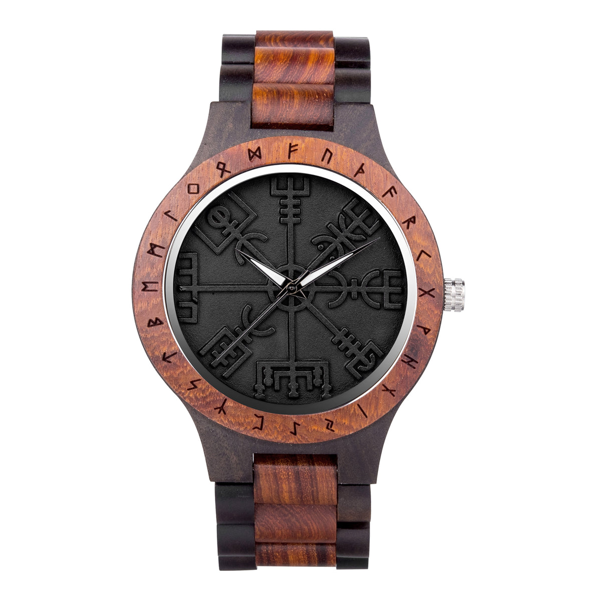 A unique men's wooden watch featuring a dial with Viking symbols, a bezel engraved with runes, and a two-tone wood band, presented against a white background to highlight its Norse-inspired and artisanal design.