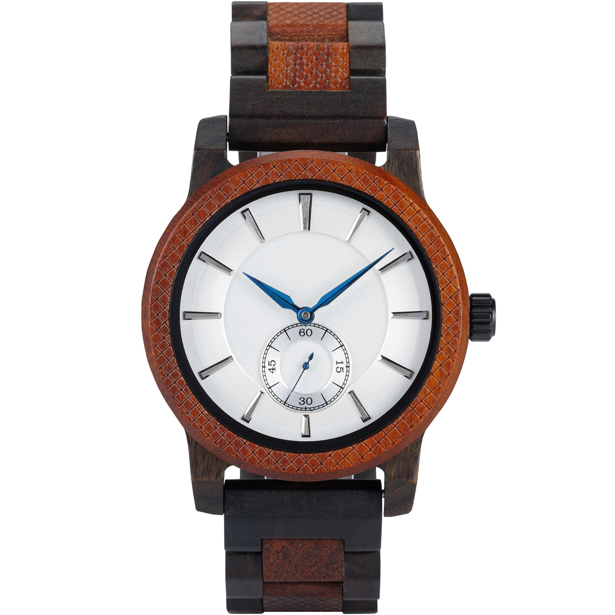 A sophisticated men's wooden watch featuring a white dial, sub-dial, textured brown bezel, and blue-accented hands, presented against a white background to highlight its elegant and refined design.