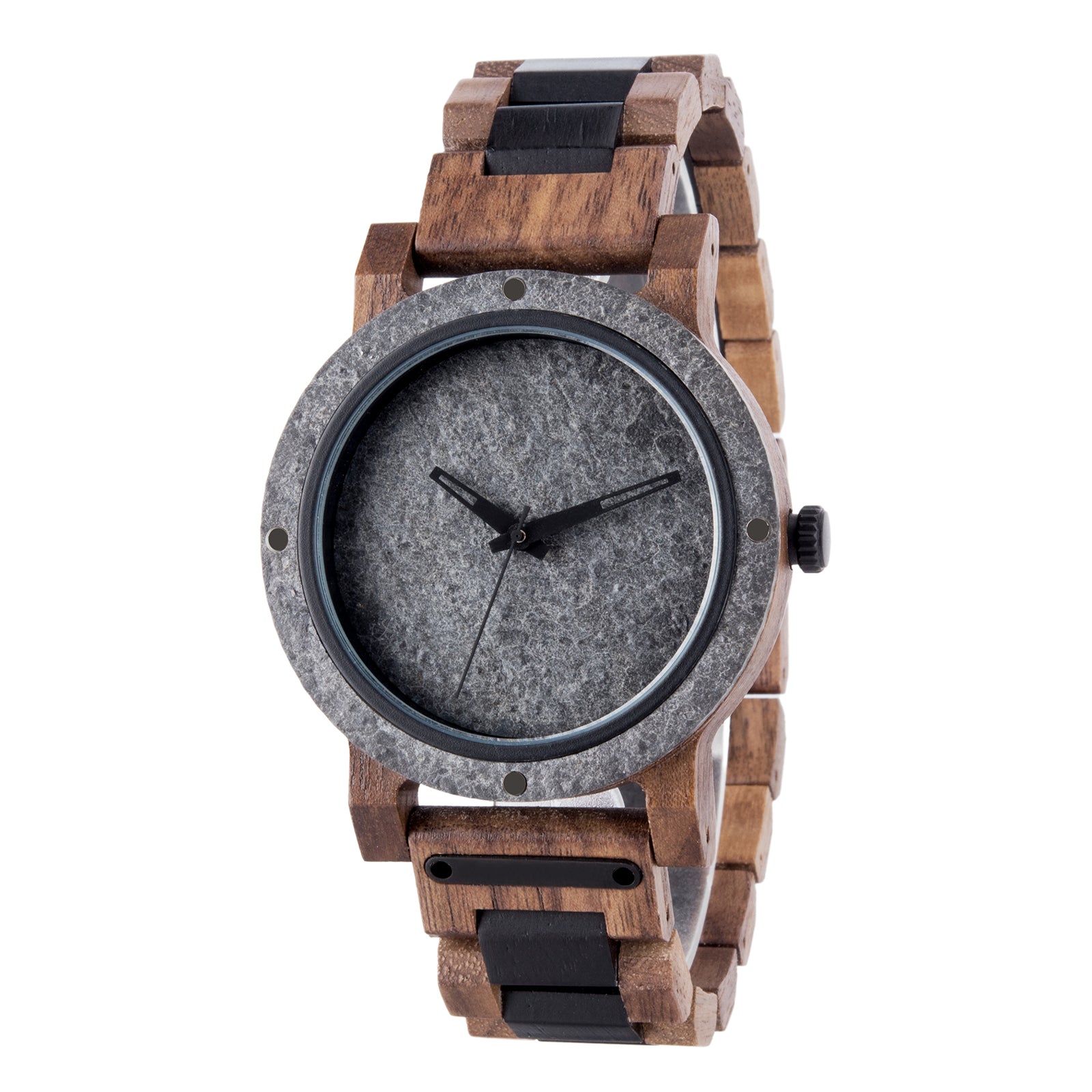 A rugged men's watch featuring a gray stone dial, wooden and black accent band, and industrial design elements, shown in detailed side view against a white background to highlight its masculine and natural aesthetic.