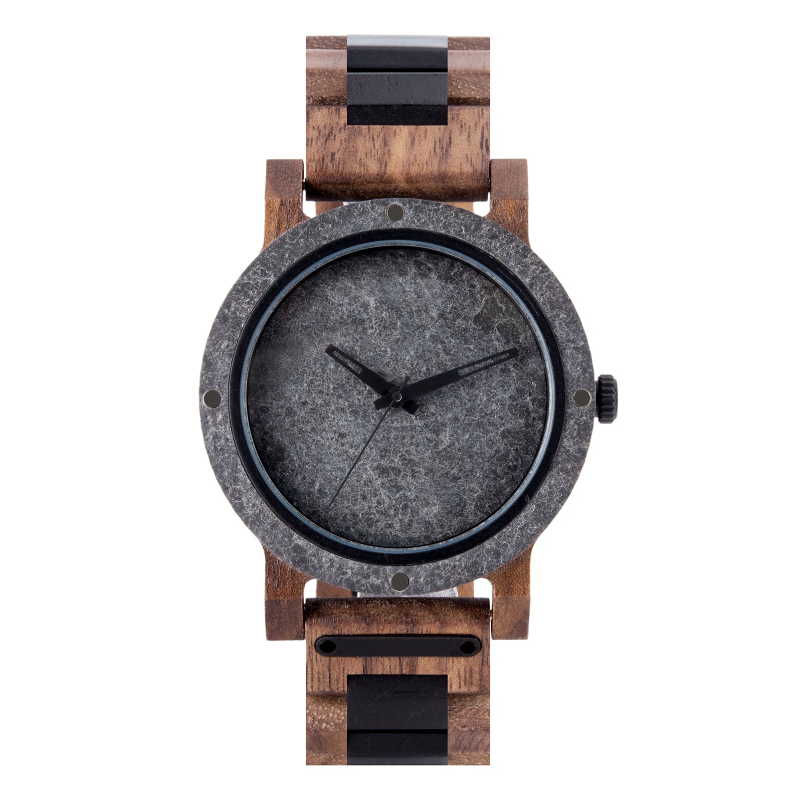 A rugged men's watch featuring a gray stone dial, wooden and black accent band, and industrial design elements, presented against a white background to highlight its masculine and natural aesthetic.