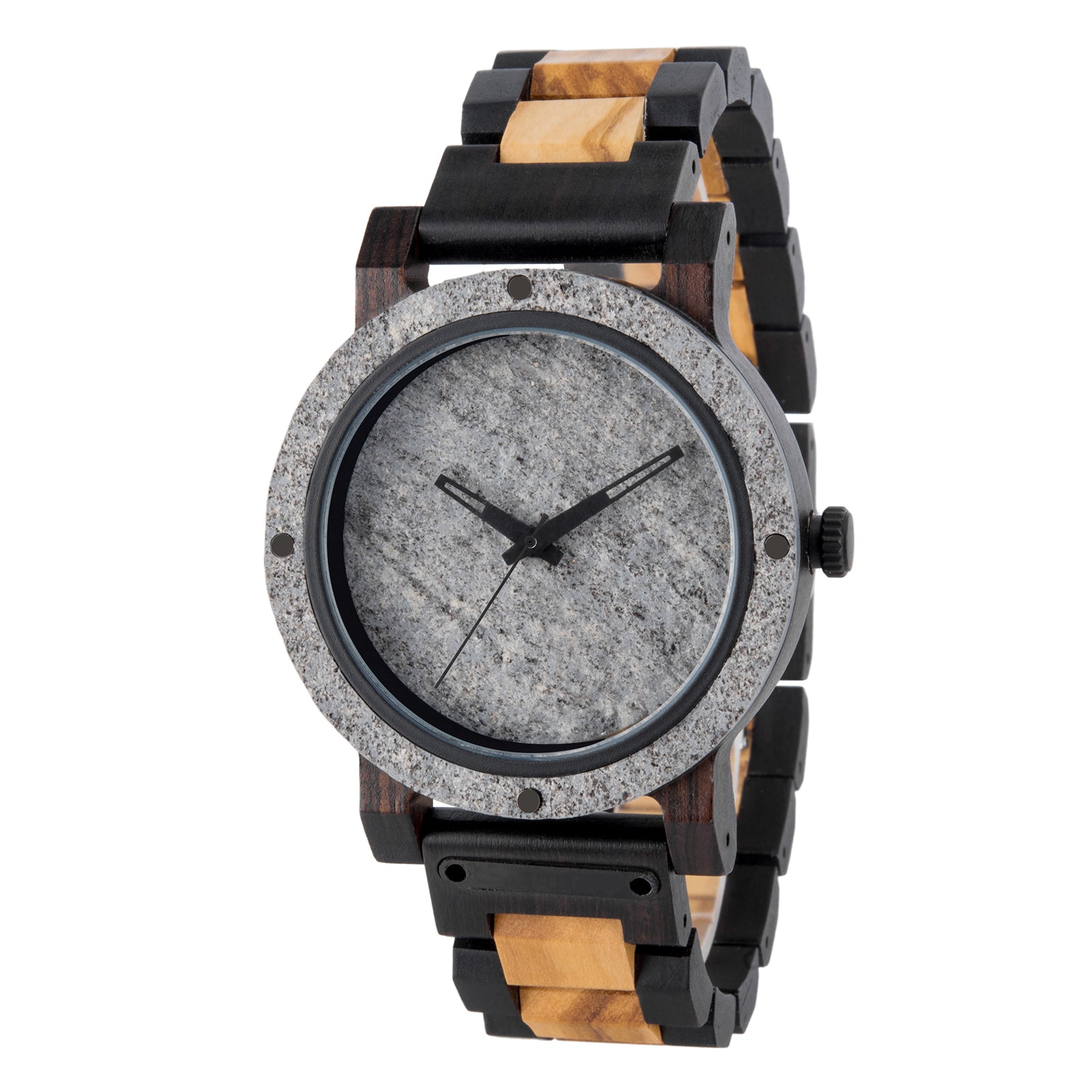 A rugged men's watch featuring a gray stone dial, two-tone wooden band with dark and light wood accents, shown in detailed side view against a white background to highlight its masculine and natural aesthetic.