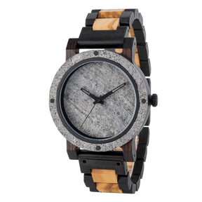 A rugged men's watch featuring a gray stone dial, two-tone wooden band with dark and light wood accents, shown in detailed side view against a white background to highlight its masculine and natural aesthetic.