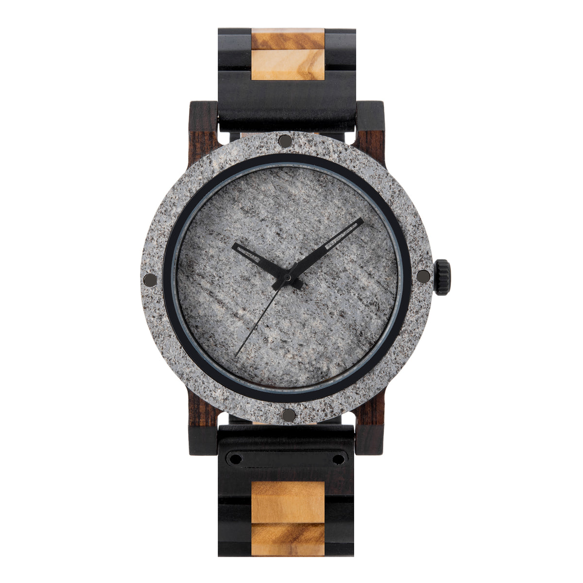 A rugged men's watch featuring a gray stone dial, two-tone wooden band with dark and light wood accents, presented against a white background to highlight its masculine and natural aesthetic.