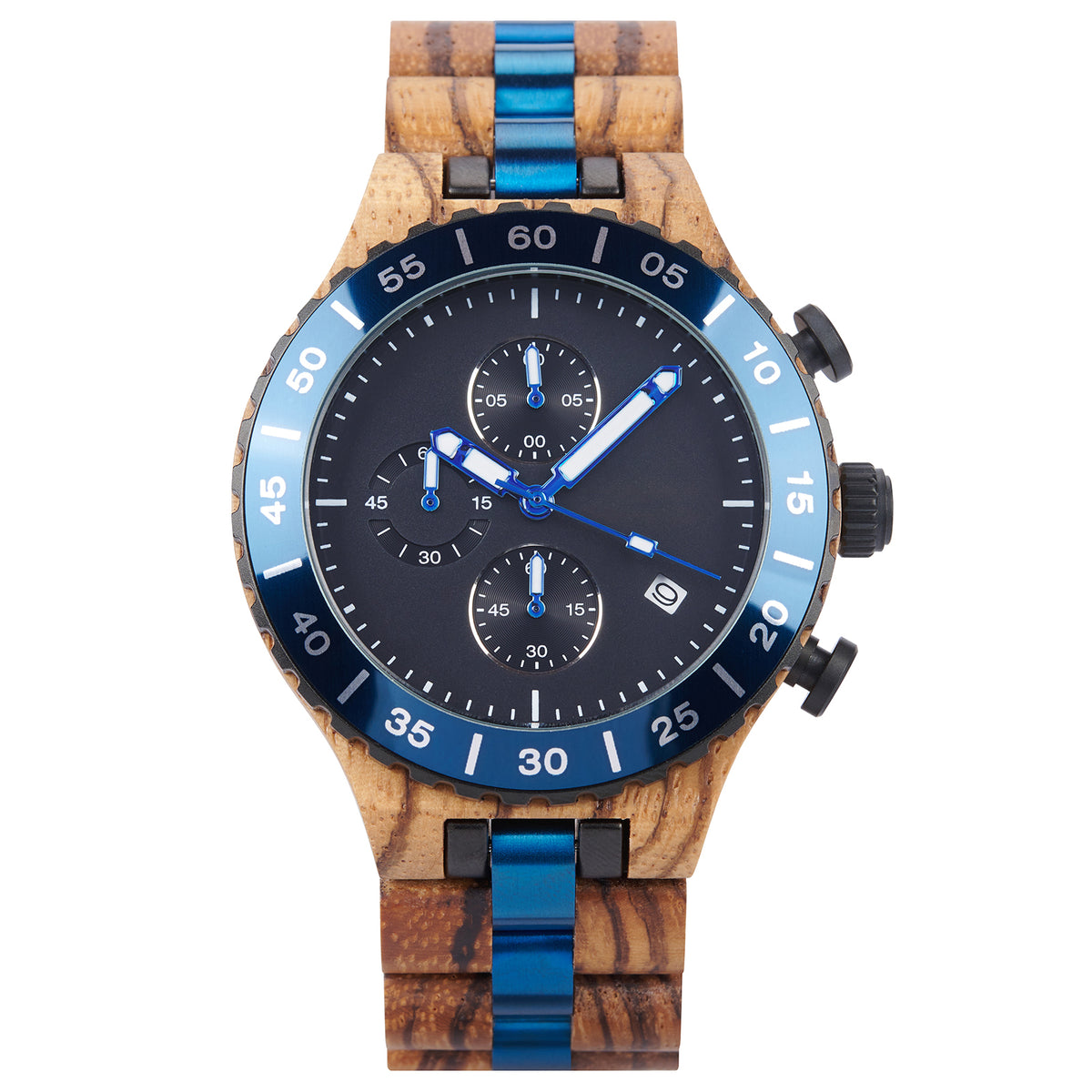 Men's chronograph watch featuring zebra wood and blue stainless steel, a stylish wooden timepiece perfect for men's casual or sporty ensembles.