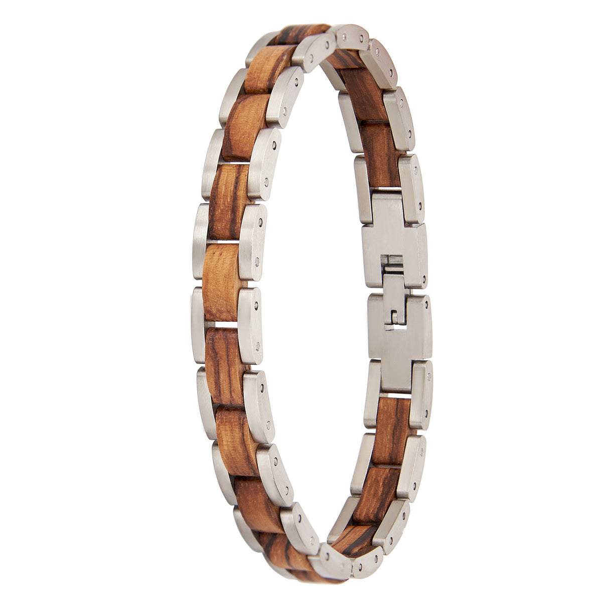 Men's bracelet made of zebra wood and silver stainless steel, a stylish and unique wooden jewelry piece for fashionable men.
