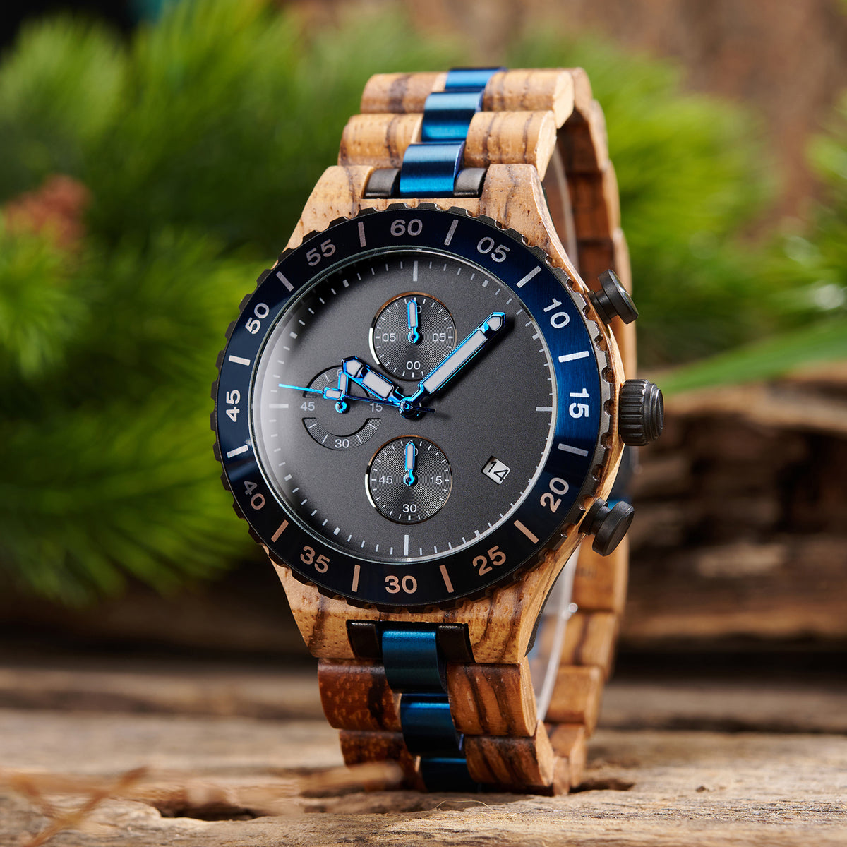 Men's chronograph watch with zebra wood and blue stainless steel, stylish wooden timepiece ideal for men's casual or outdoor looks.