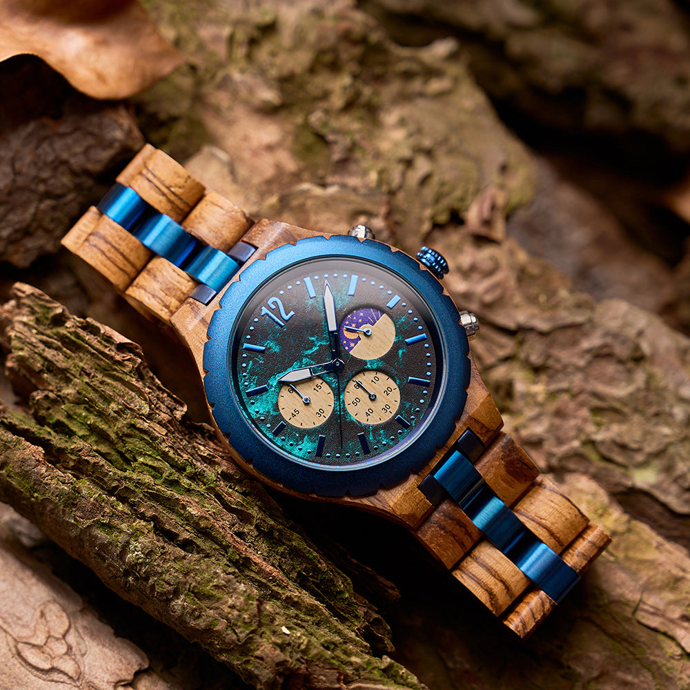 NEREUS Men's Zebrawood Chronograph Watch | Blue Marble Dial