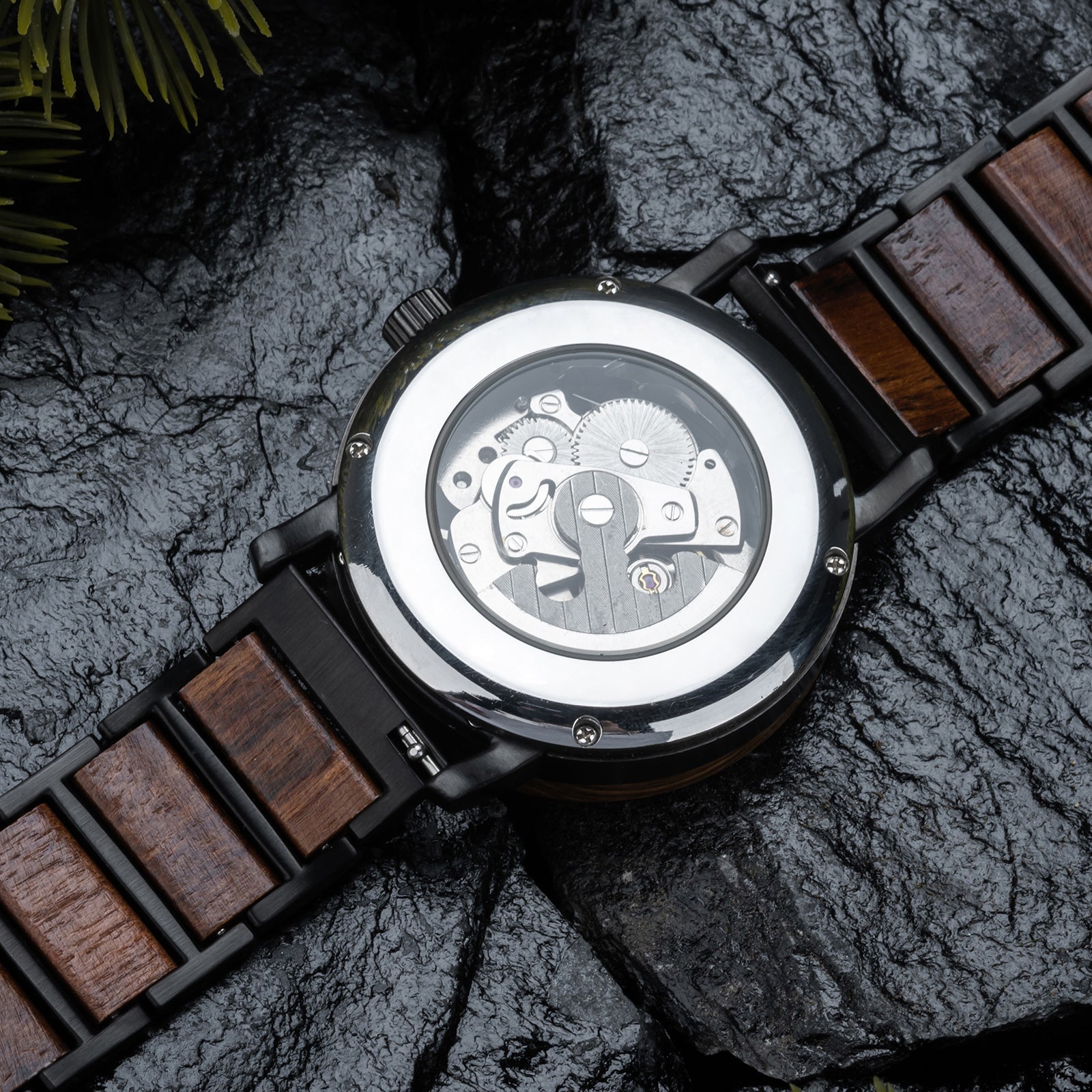 Back view of a mechanical wristwatch with visible gears, wood and black metal combined band, placed on dark rocky surface with green pine foliage accent.