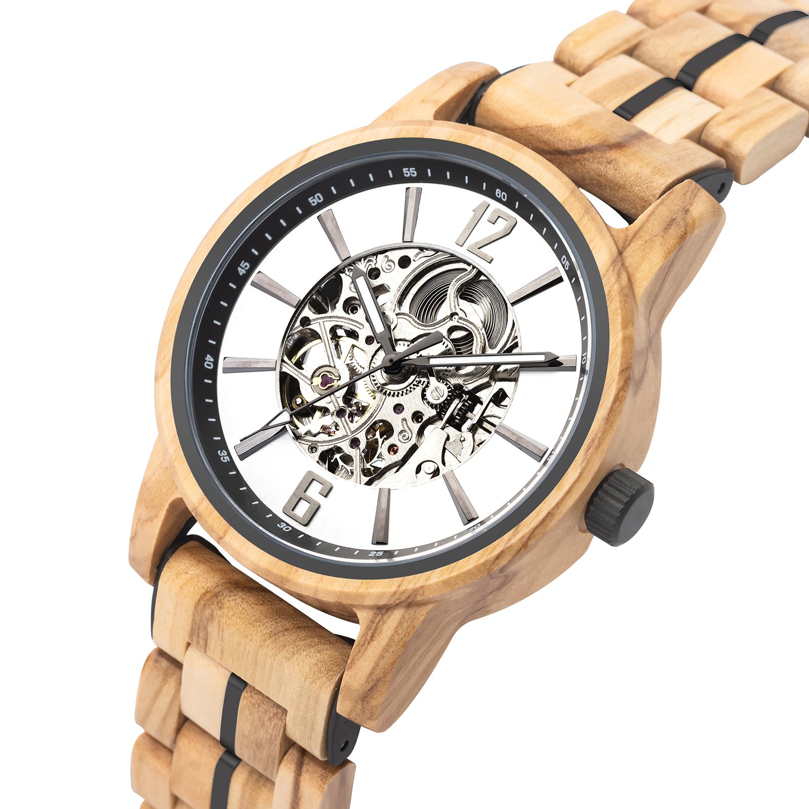 Angled view of a wooden wristwatch with a white dial, full skeleton movement, and black-accented wooden band, isolated on a white background.
