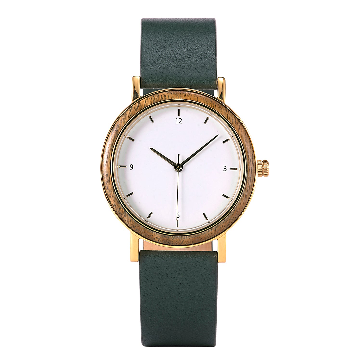 A minimalist women's watch featuring a wooden-accented bezel, white dial, gold-tone details, and a dark green leather band, displayed against a white background.
