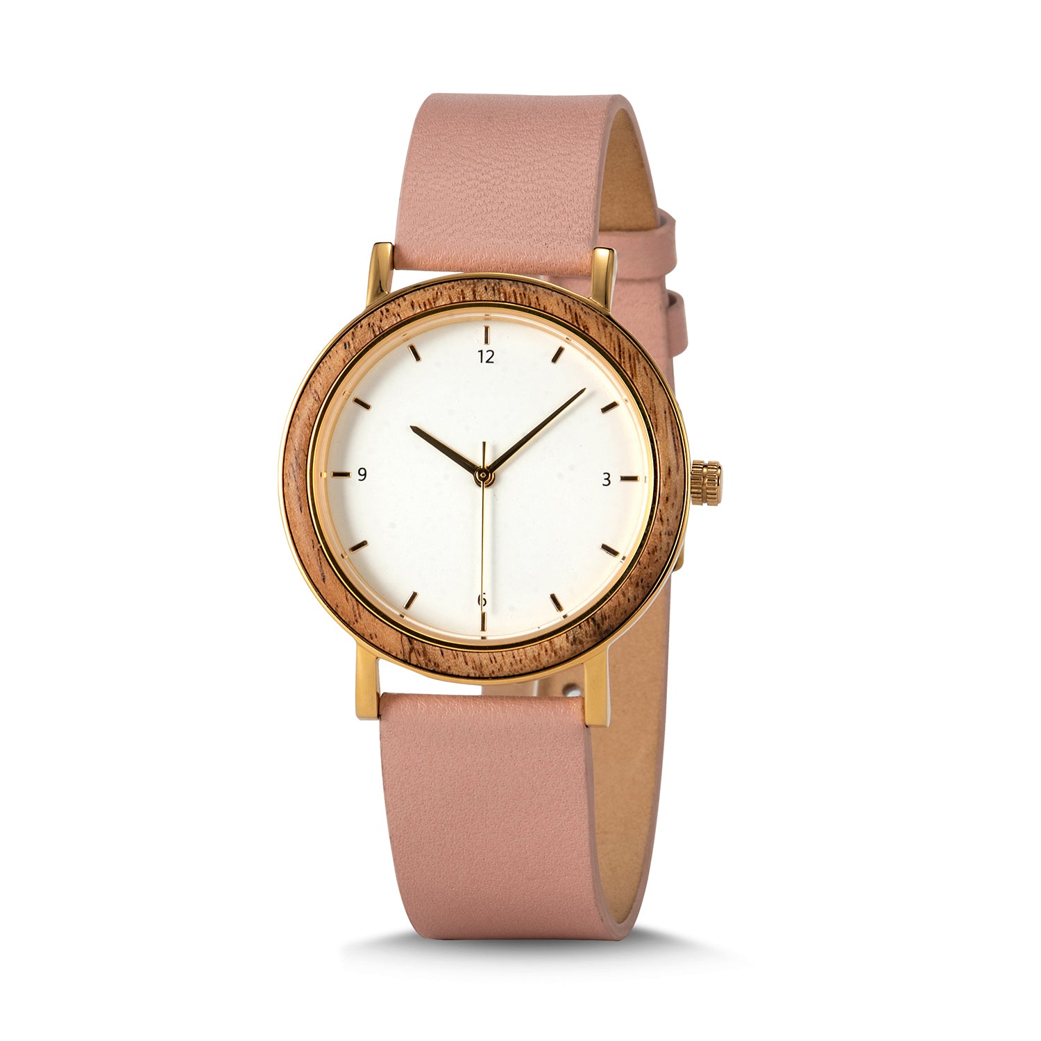 A minimalist women's watch with a wooden-accented bezel, white dial, gold-tone details, and a pink leather band, presented against a white background.