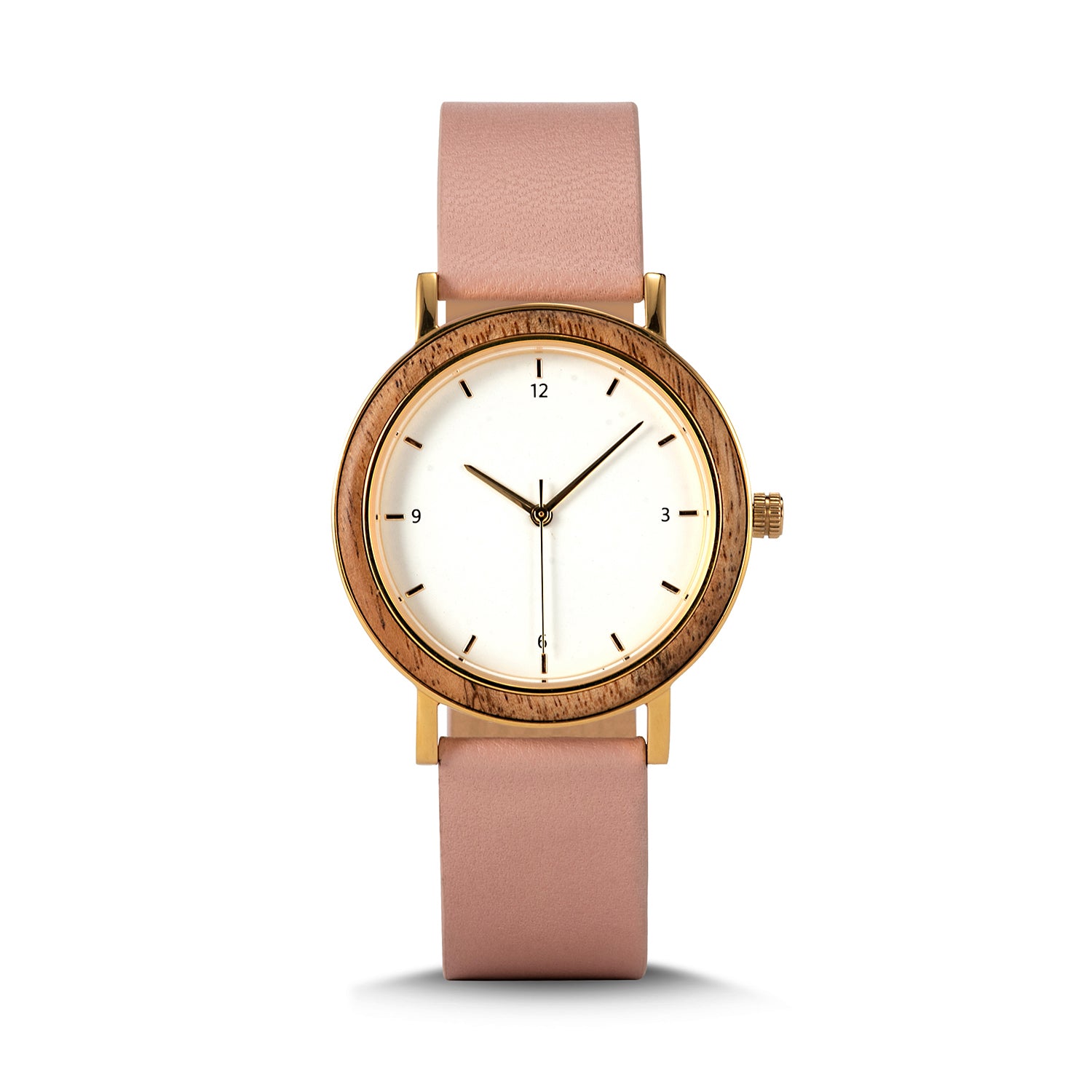 A minimalist women's watch featuring a wooden-accented bezel, white dial, gold-tone details, and a pink leather band, displayed against a white background.