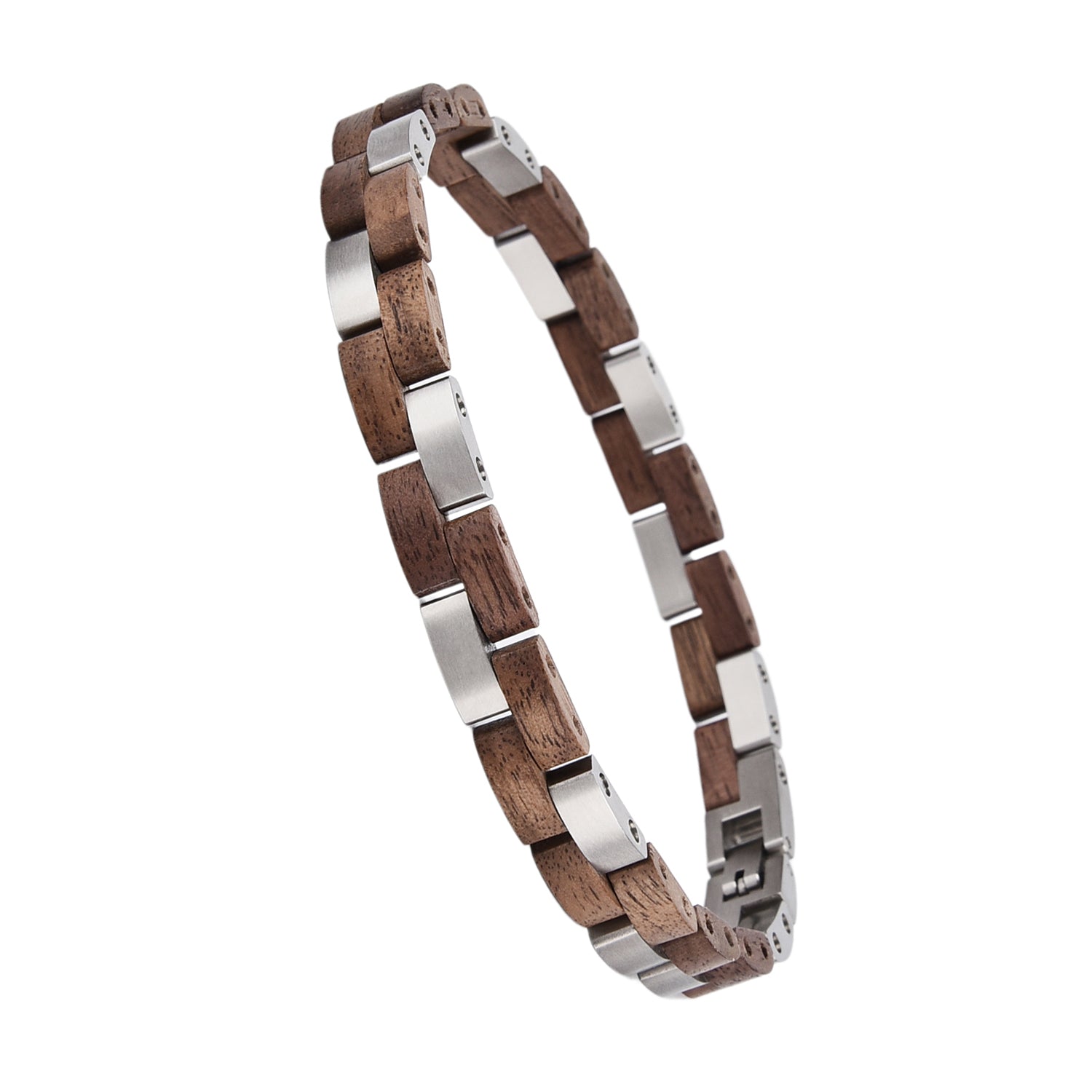 Women's wooden bracelet with stainless steel links, boho-chic design. Rustic yet stylish, ideal for feminine, nature-inspired looks. Perfect daily wear & bohemian accessory.