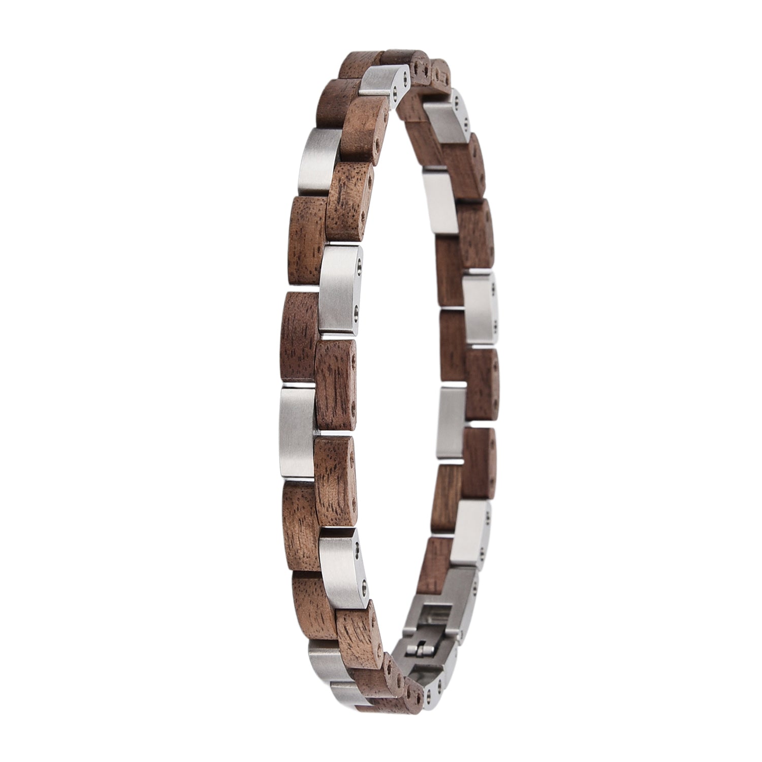 Women's wooden bracelet with stainless steel links, boho-chic design. Rustic yet stylish, perfect for feminine, nature-inspired accessory lovers. Ideal for daily wear & bohemian looks.