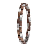 Women's wooden bracelet with stainless steel links, boho-chic design. Rustic yet stylish, perfect for feminine, nature-inspired accessory lovers. Ideal for daily wear & bohemian looks.