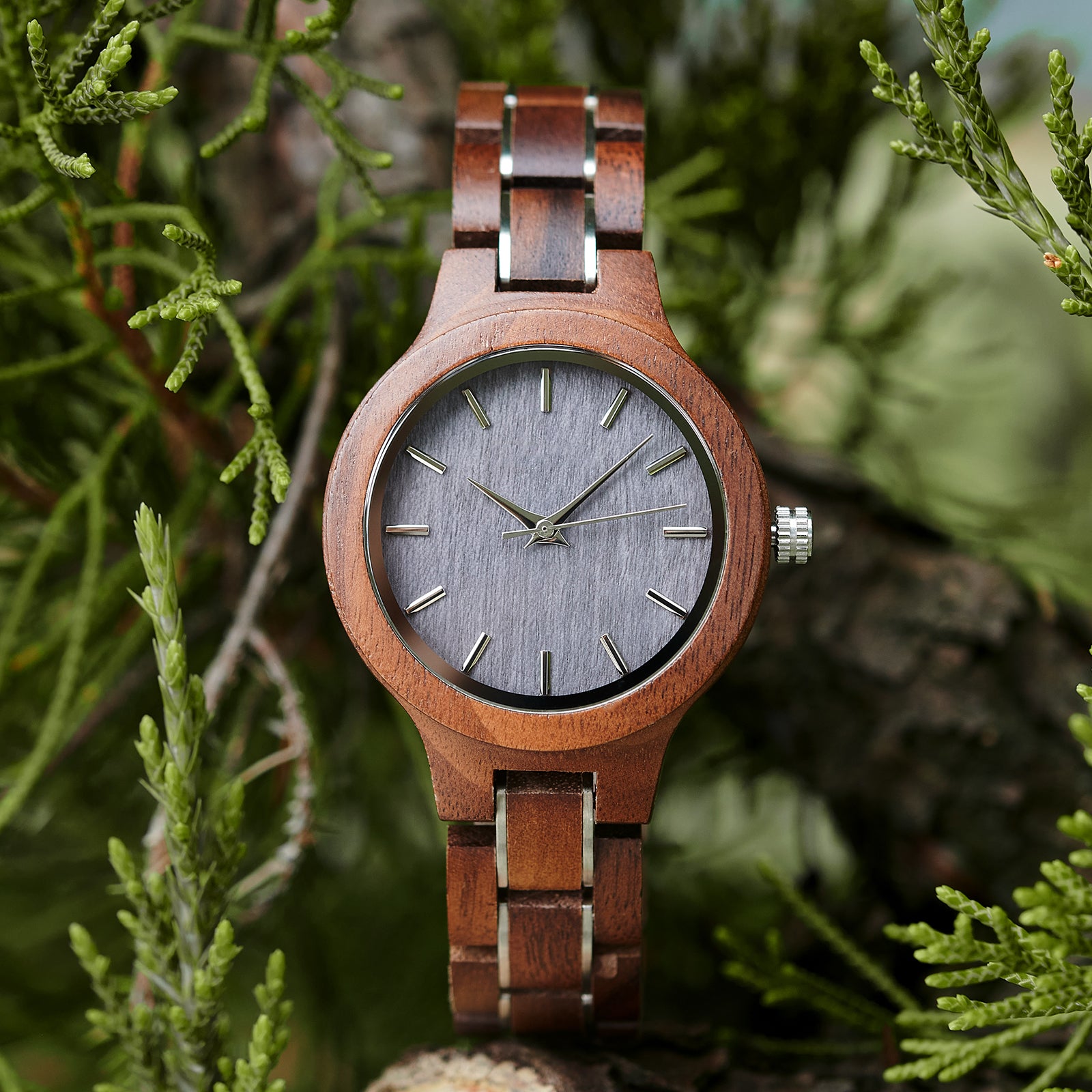 A refined women's walnut watch with silver-tone accents, displayed in detailed view amidst lush greenery to highlight its natural wood grain and elegant design.