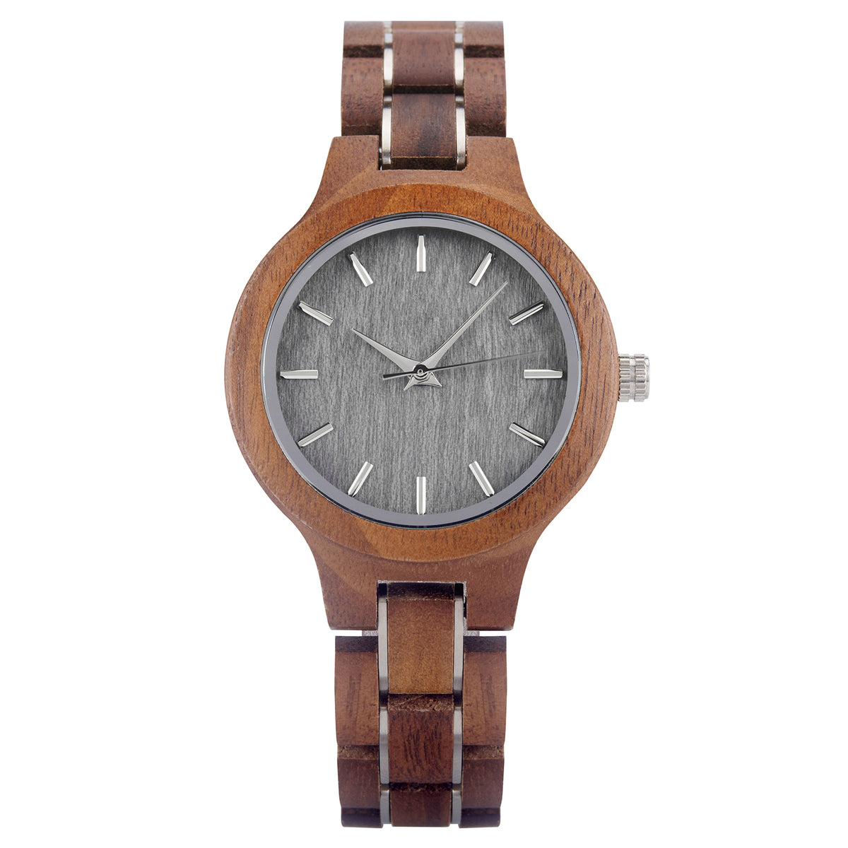 A sophisticated women's walnut watch with silver-tone accents, presented against a white background to highlight its natural wood grain and elegant design.