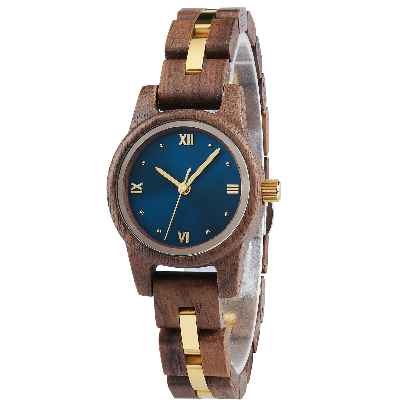 A refined women's wooden watch with a blue dial, gold accents, and Roman numerals, shown in side view against a white background to highlight its craftsmanship and elegant design.