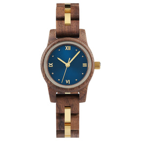 A sophisticated women's wooden watch with a blue dial, gold accents, and Roman numerals, presented against a white background to highlight its refined and elegant design.