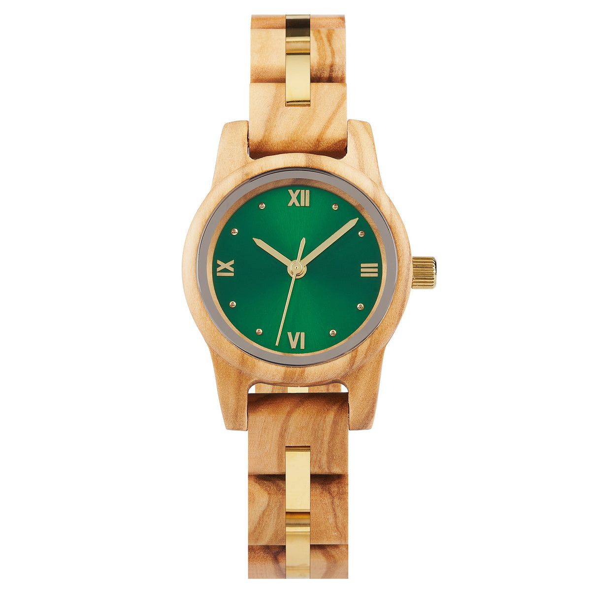 A sophisticated women's wooden watch with a green dial, gold accents, and Roman numerals, presented against a white background to highlight its refined and elegant design.