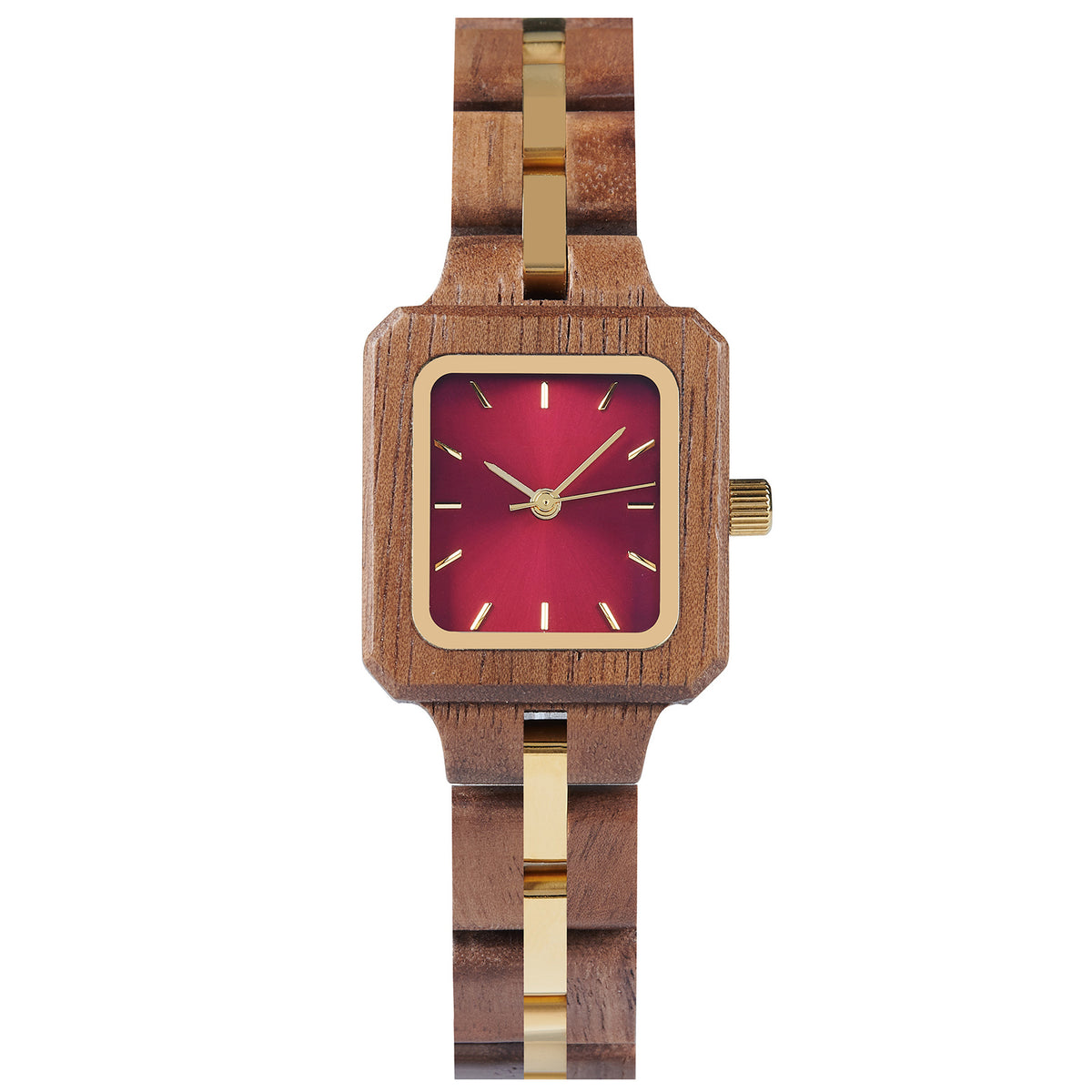 A sophisticated women's wooden watch with a red dial and gold accents, presented against a white background to highlight its refined and elegant design.