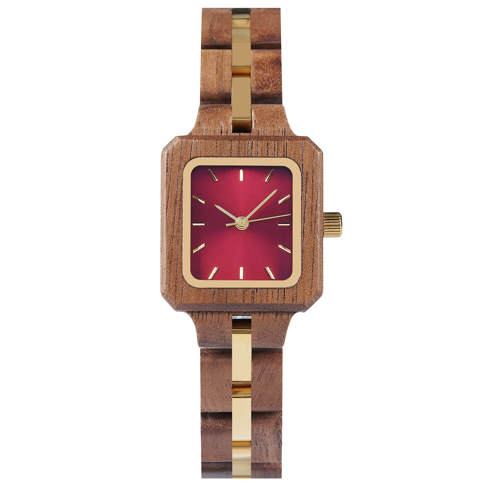A sophisticated women's wooden watch with a red dial and gold accents, presented against a white background to highlight its refined and elegant design.