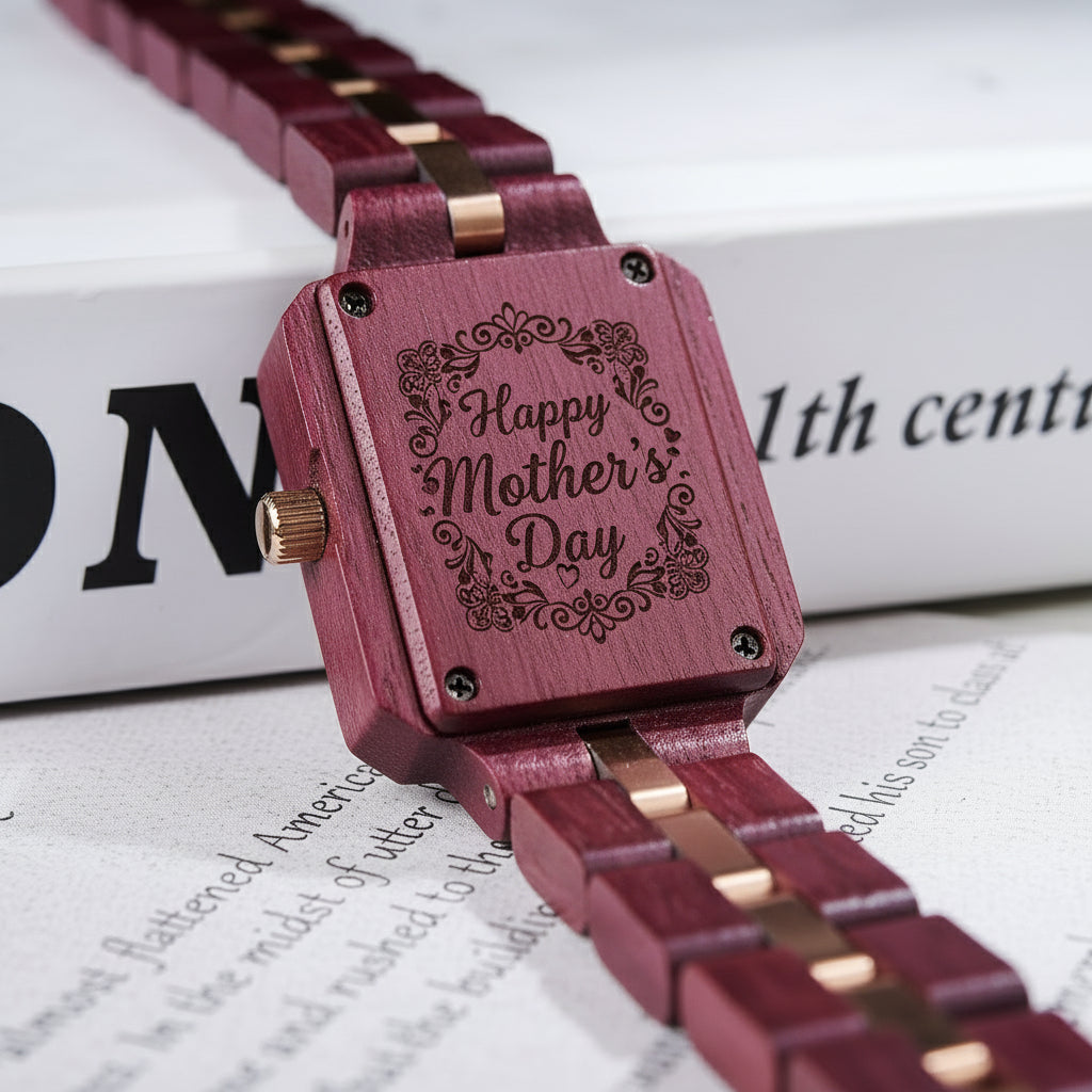 A detailed view of the back case of a women's wooden watch with a white dial and rose gold accents, showcasing its natural wooden construction and structural design elements.